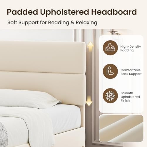 GRUSIGN Queen Size Platform Bed Frame with Velvet Headboard, Adjustable Height Wooden Slats Support, Upholstered Mattress Foundation, Fits Mattress or Mattress with Box Spring, Easy Assembly, Beige - Image 5