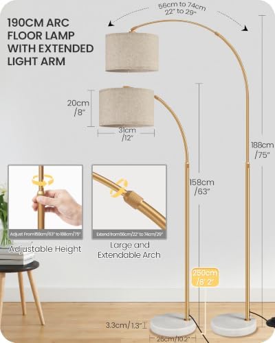 75" Dimmable Gold Arc Floor Lamp with Marble Base, Adjustable Height, Beige - Image 3
