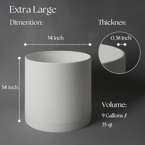 Giraffe Creation 14 Inch Cylinder Plant Pot, Modern Round Planter with Drainage Holes and Saucer, Durable Plastic Flower Pot for Indoor Outdoor Plants, White - Image 3