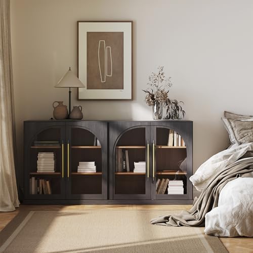BELLEZE Set of 2 Modular Sideboard with Arched Glass Door, Accent Display Buffet Cabinet with Storage and Adjustable Shelves, 65'' Classic Modern Credenza for Living Room Kitchen Entryway (Ebony) - Image 5