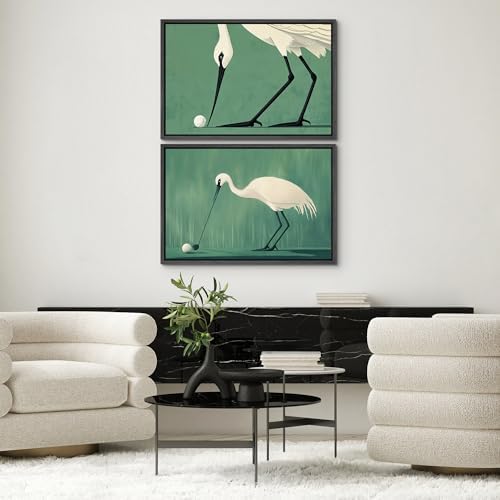SIGNWIN Framed Canvas Print Wall Art Set Funny Crane Playing Golf Whimsical Bird Illustrations Modern Art Rustic Minimal for Living Room, Bedroom, Office - 16"" x24 x2 Black - Image 2