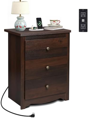 WLIVE Tall Nightstand with Charging Station, Wood Night Stand with 3 Drawers Storage, Bedside Table End Side Tables with 2 USB Ports and Outlets for Bedroom, Closet, Espresso by WLIVE