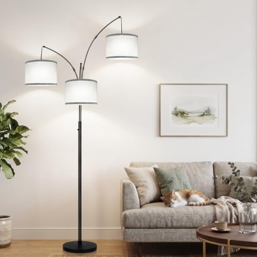 Dimmable Floor Lamp - 3 Lights Arc Floor Lamps for Living Room, 1000LM Modern Tall Standing Lamp With Gray Shades & Heavy Base, Mid Century Tree Floor Lamp for Bedroom Office, 3 LED Bulbs Included by Nintiue
