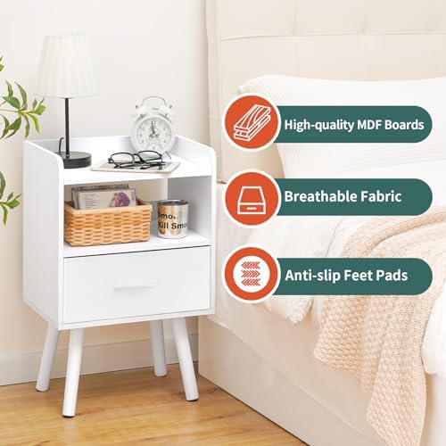 Yoobure Modern Nightstand with Drawer, Bedside Tables, Mid Century Nightstands with Open Storage Shelf, Wood Bedside Table, Small Night Stands for Bedrooms, 2-Tier Night Table - Image 4