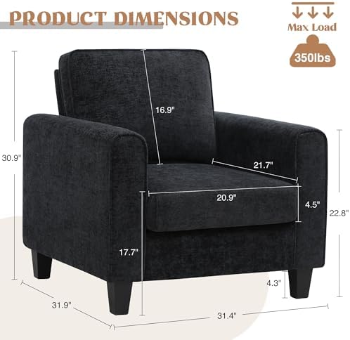 Accent Chairs Set of 2 for Living Room, Mid Century Modern Upholstered Living Room Chair, Chenille Reading Armchair for Apartment, Waiting Room, Office, Black - Image 2