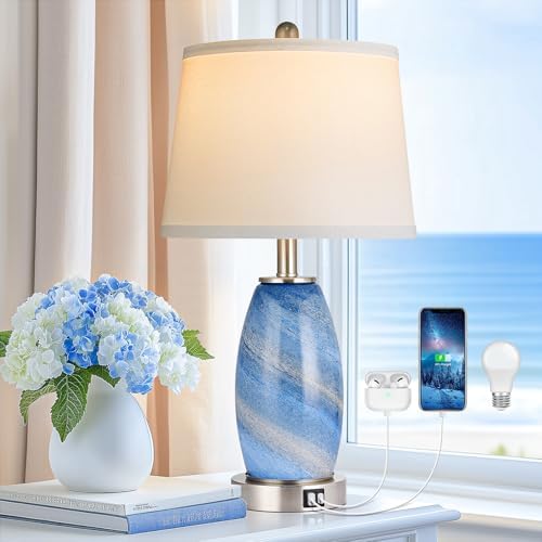 Lovlast Glass Blue Table Lamp for Living Room Bedroom, 23.5" Modern Lamp by Lovlast