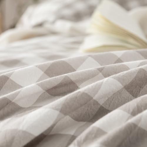 BESTOUCH Gingham Cotton Duvet Cover Set Linen Grey Queen - Image 7