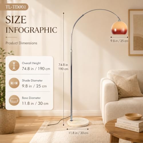 Modern Arc Floor Lamp with Orange Glass Shade, Mid Century Standing Lamp - Image 3
