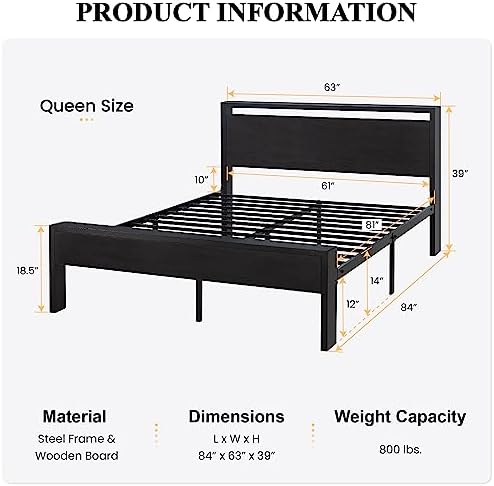 SHA CERLIN 14 Inch Queen Size Metal Platform Bed Frame with Wooden Headboard and Footboard, Mattress Foundation, No Box Spring Needed, Large Under Bed Storage, Non-Slip Without Noise, Black Oak - Image 2