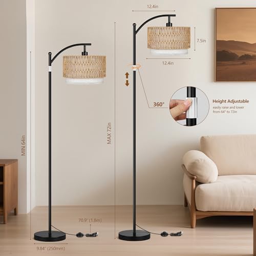 ROTTOGOON Arc Floor Lamps for Living Room, Boho Farmhouse Floor Lamp with Remote & Dimmable Bulb, Standing Lamp with Rattan & Fabric Shades, Adjustable Tall Lamp for Bedroom Office-Black - Image 3