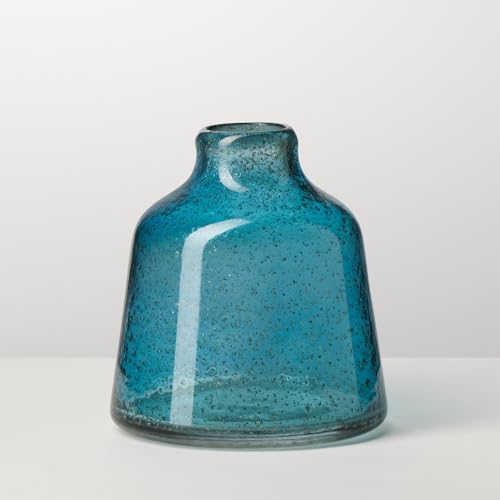 Torre & Tagus 6 Inch Tall Blue Glass Vase with Gold Flakes, Mouth Blown Glass Vase Blue Flower Vase Centerpieces, Watertight for Hydroponic Plants, Coastal Decor Accents (Marina) by TorreTagusHome