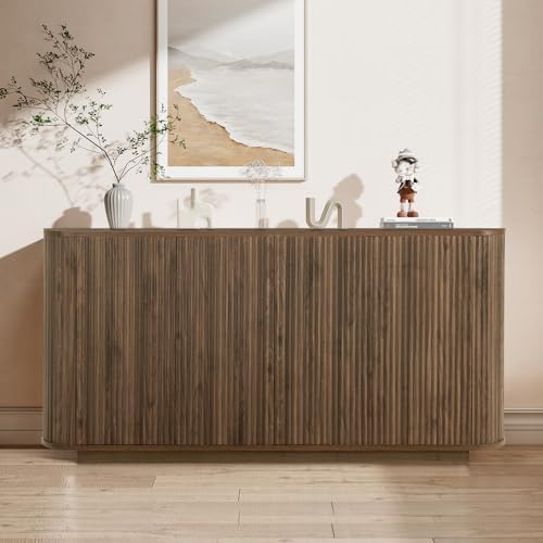 64" Fluted Buffet Cabinet with Storage, Walnut Sideboard Cabinet - Image 3