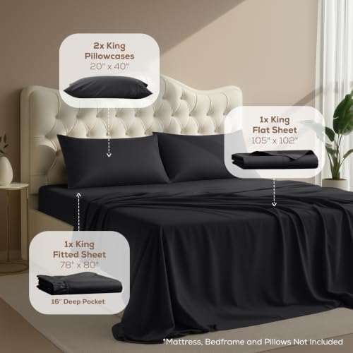 King Sheets Set, 4 Pieces 16" Deep Pocket Hotel Luxury Bed Sheets, Black - Image 2
