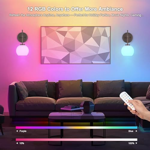 Oil Rubbed Bronze Wireless Rechargeable Wall Sconces Set of 2, Battery Operated Wall Lights with Remote Control, LED Dimmable Wall Lamp with Opal White Glass Shade, 12 Colors RGB & 3 CCT Bulb - Image 4