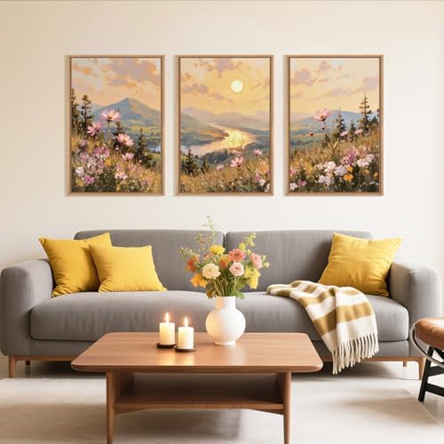LHIUEM Large Boho Sunset Wildflower Framed Canvas Wall Art,Nature Pink Flower Wall Decor,Blossom Botanical Mountain Landscape Artwork for Living Room,Bedroom,Dining Room,Office -16"x24"x3 - Image 2