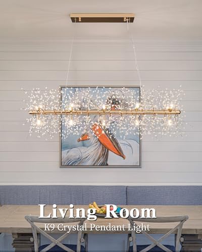 Modern 47.2" Modern Gold Crystal Firework Chandelier, 15-Light Pendant Light Fixture, Rectangle Linear Sputnik Dandelion Chandeliers for Dining Room Kitchen Living Room - Image 7