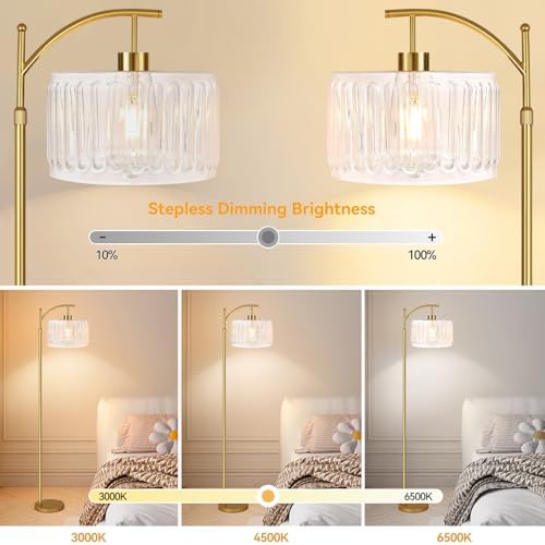 ILLMTW Glass Floor Lamp for Living Room,Bedroom,Gold Dimmable Standing Lamp with Remote,Brass White Tall Lamp Boho Mid Century Modern Floor Lamps Arc Floor Light Lamp Bohemian - Image 2