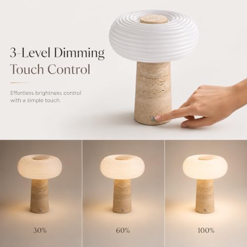 Nebula Travertine Cordless Table Lamp, Rechargeable Lamp with 5200mAh Battery, 3- Way Dimmable, Natural Marble Base, Ribbed Glass Shade, for Bedroom Living Room Office - Image 3