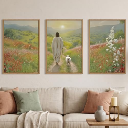 LHIUEM Large Jesus and Lamb Christian Framed Canvas Wall Art,Leaves The 99 Sheep Wall Decor,Mountain Sunset Flower Bible Artwork for Living Room,Bedroom,Dining Room,Office -24''x36''x3 by LHIUEM