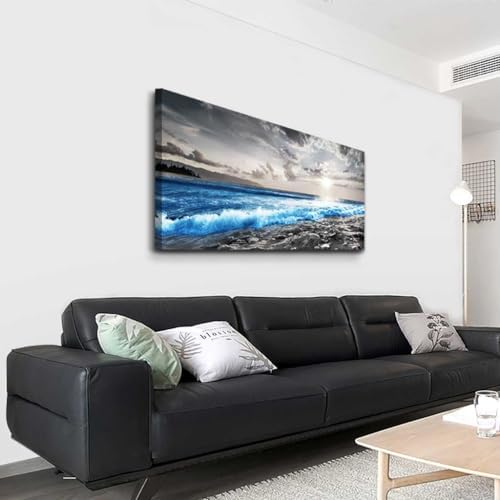 Hyidecorart Framed Canvas Wall Art - Large Size Decor for Office, Living Room, Bedroom - Blue Ocean, Black & White Modern Pictures - Image 2