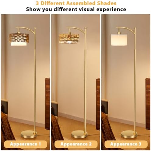 Ambimall Arc Floor Lamp with Remote & Rattan Double Shades, Gold Rustic - Image 3