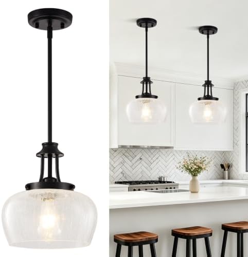 Modern Pendant Lights Kitchen Island, Matte Black Pendant Light Fixtures with 10" Hand Blown Crack Glass Shade, Industrial Hanging Pendant Lights Fixture for Kitchen Island Dining Room Entryway by BringBrightnesstoYourLife