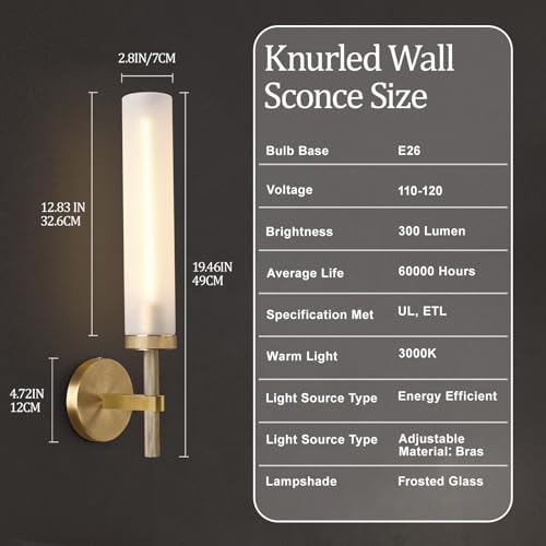 20" Knurled Brass Bathroom Wall Sconces,Frosted Glass Tube Brass Sconces Wall Lighting,Handmade Modern Hardwired Wall Sconce for Vanity,Mirror,Bedroom,Living Room,Hallway - Image 4
