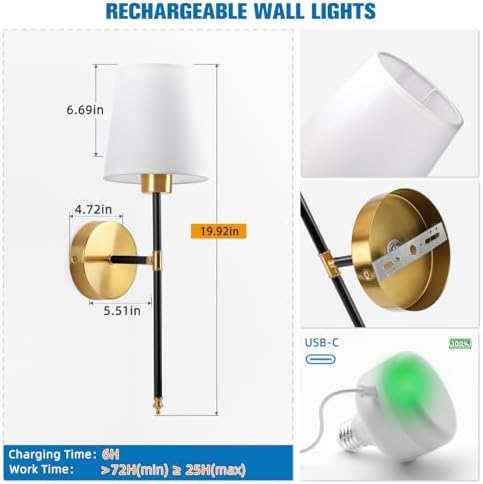 NIORSUN 19.9 inch Battery Operated Wall Sconce Set of 2,Black-Gold Rechargeable Wall Lights with 10400mAh Dimmable Detachable Bulbs and Remote, Wireless Sconces for Bedroom Living Room Hallway - Image 6