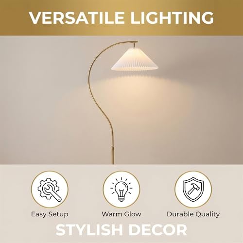 63 Inch Arc Floor Lamp with White Pleated Fabric Shade, Dimmable Standing Lamp with Marble Base, Rotatable Pivot Shade, Foot Switch,for Living Room Bedroom Office Sofa Corner. - Image 5