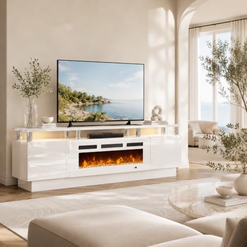 70" TV Stand for Living Room, Entertainment Center & Media Console with Storage, Fits TVs up to 80", Modern TV Cabinet with Shelves, 36" Electric Fireplace (All White) - Image 2