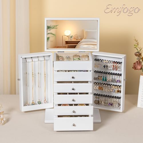 Emfogo Wooden Jewelry Box for Women, 6-Tier Large Jewelry Organizer Boxes with Mirror Rustic Solid Wood jewlery Storage for Rings Earrings Necklaces Bracelets watches(White) - Image 3