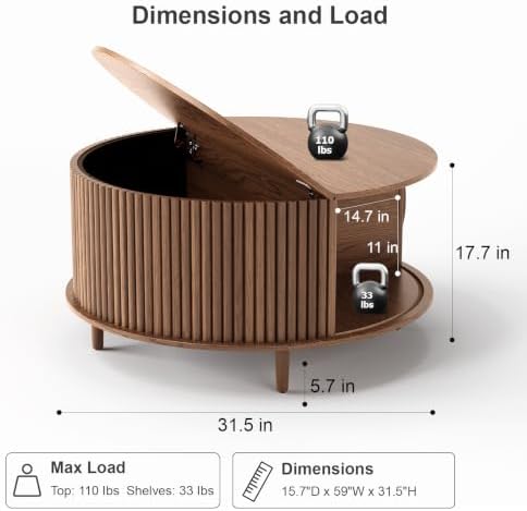 JOINICE 31.5" Round Coffee Table with Storage for Living Room, Walnut - Image 2