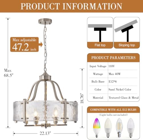 22'' Brushed Nickel Textured Glass Chandelier for Dining Room Light Fixture - Image 4