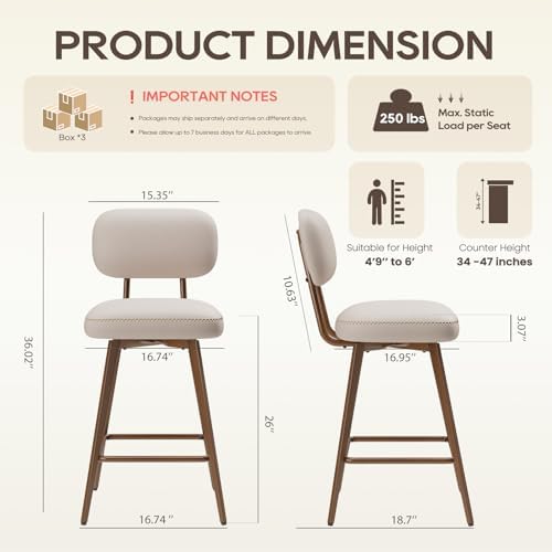 MALOL 26“ PU Leather Swivel Bar Stools Set of 6, Mid Century Counter Height Bar Chairs with Low Back and Metal Legs, Modern Bar Stool Chair for Kitchen Island, Beige - Image 2