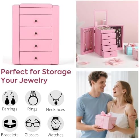 Meangood Jewelry Box Wood for Women, 5-Layer Large Organizer Box with Mirror & 4 Drawers for Rings, Earrings, Necklaces, Pink - Image 7