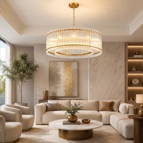 48-Inch Ripple Glass Chandelier, 2-Tier 10-Light Large Brass Round Chandelier for Dining Rooms, Living Rooms, Foyers, Staircases, Open-Concept Spaces & High Ceilings - Image 4