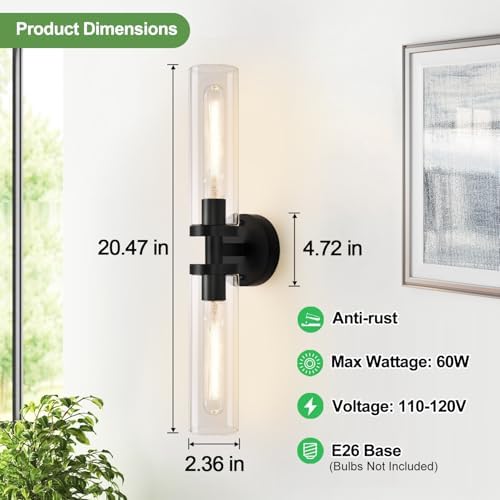 Wall Sconces Set of Two, Hardwired Matte Black Bathroom Sconces Wall Lighting with Clear Glass, Modern Sconces Wall Decor Set of 2 Bathroom Light Fixtures for Mirror Hallway (Bulbs Not Included) - Image 4