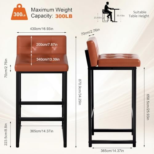 Bar Stools Set of 2, Counter Height Bar Stools Sets with Back, Faux Leather Barstools with Metal Legs and Footrest, Upholstered Bar Chairs for Dining, Kitchen Island, Home Counter, Brown - Image 2