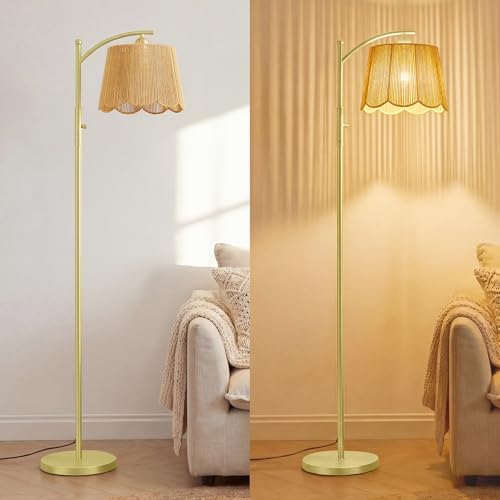 Rattan Boho Arc Floor Lamp with Flower-Inspired Scalloped Woven Shade by Karjoefar