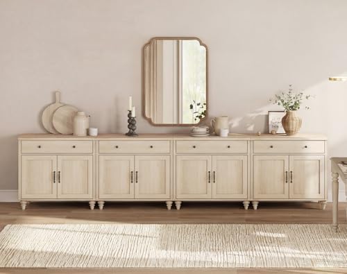 WAMPAT Farmhouse Buffet Cabinet with 8 Doors and 4 Drawers, Beige, 136 inch by WAMPAT