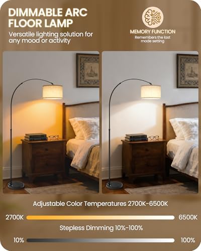 75" Tall Dimmable Arc Floor Lamp with Marble Base, Adjustable Height, Beige - Image 5