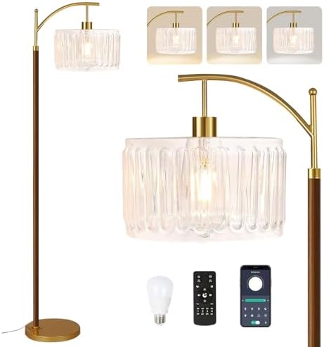 ILLMTW Arc Floor Lamp for Living Room,Bedroom,Glass Mid Century Modern Standing Lamp with Remote Dimmable,Wood Vintage Gold Tall Lamp White Lamp Shade Floor Lights Boho Bohemian Tiffany Style by IlluminateTheWorld
