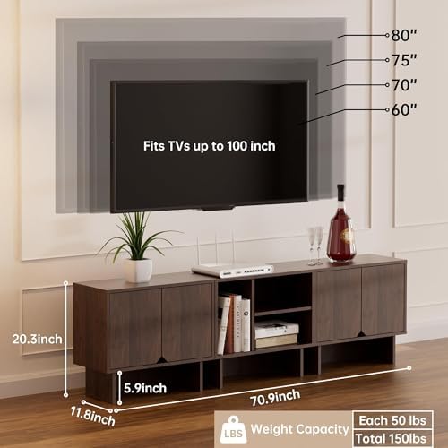 70 Inch TV Stand, Walnut TV Stand Entertainment Center with Storage - Image 2