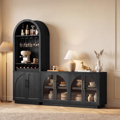 Fatmok Modular Coffee Bar with LED Lighting,Charging Station,Arched Glass Buffet Sideboard,Modern Liquor&Wine Display Storage Cabinet for Living Room,Black Grey(FB,2-Piece) by Fatmok