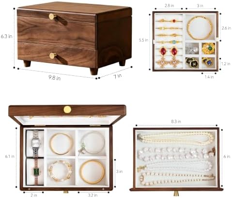 Black Walnut Wooden Jewelry Box with Feet, 3 Layer Organizer for Women - Image 4