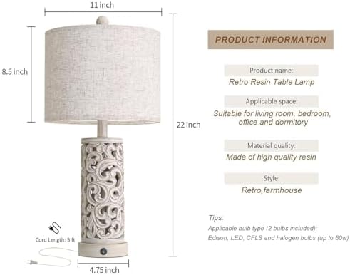 OYEARS 22'' Farmhouse Table Lamp for Living Room, Bedside Lamp with 2 USB Ports for Bedroom, Rustic Nightstand Lamp with Linen Lampshade for Office Hallway Home Decor, Distressed Grey (Bulb Included) - Image 7