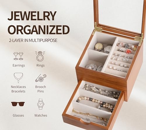 Clasin Home Jewelry Box with Glass Lid, 2 Layer Jewelry Organizer for Women, Solid Wooden Jewelry Box Display for Ring Earrings Necklace Bracelet, Pine Wood Jewelry Boxes Vintage Style for Gifts - Image 2