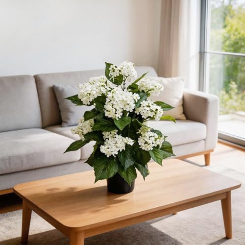 24 Inch Artificial White Hydrangea Potted Plant, 2 Pack Faux Silk Flower Bonsai Tree with Black Planter, Realistic Fake Flower for Tabletop, Shelf, Home Bedroom Office Porch Decor - Image 4
