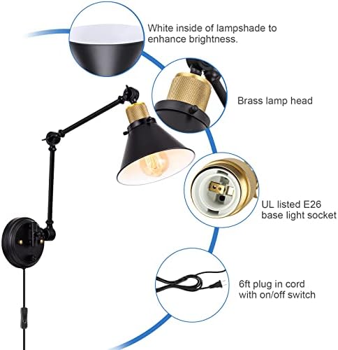 TRLIFE Wall Sconce Plug in, Dimmable Wall Sconce with Switch Swing Arm Wall Lights Plug in Wall Mounted Light Wall Sconces Lighting with 6FT Plug in Cord, E26 Base, UL Listed(Two Arms, 1 Pack) - Image 4
