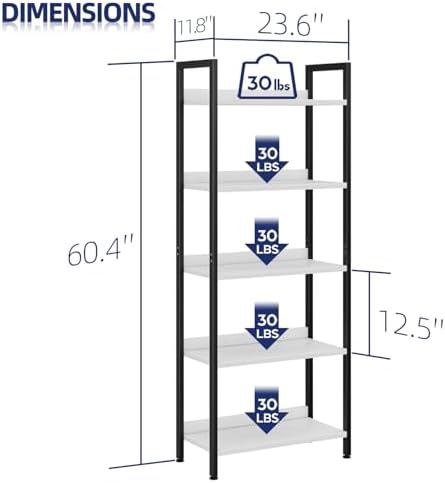 NUMENN Bookshelf, 5 Tier Freestanding Shelving Unit, White&Black - Image 3